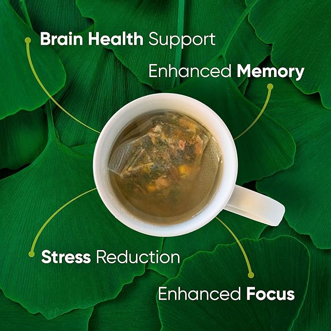 Brain Tea Focus & Memory - Organic Certified 4-in-1 Nootropic Brain Supplement with Ginkgo Biloba, Gotu Kola, Lion’s Mane Mushroom and MCT - Caffeine-Free Herbal Tea for Mental Clarity (30 Sachets)