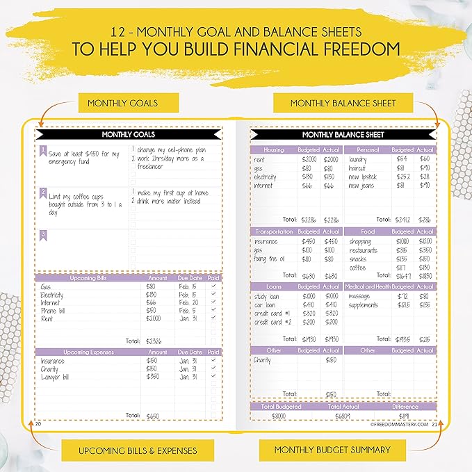Financial Planner - Monthly Budget Planner & Monthly Bill Organizer | A 12-Month Journey to Financial Freedom | Bill Payment Tracker Organizer, Debt, Expense Tracker & Money Saving with Pockets