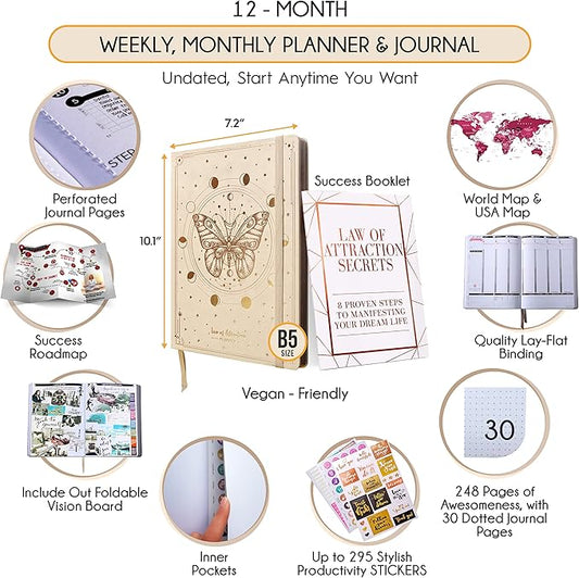 Law of Attraction Planner – Undated Hourly, Weekly & Monthly Goal Setting Planner, 12-Month to Increase Productivity | Life & Gratitude Journal, Include Foldable Vision Board, Gift Box & Stickers