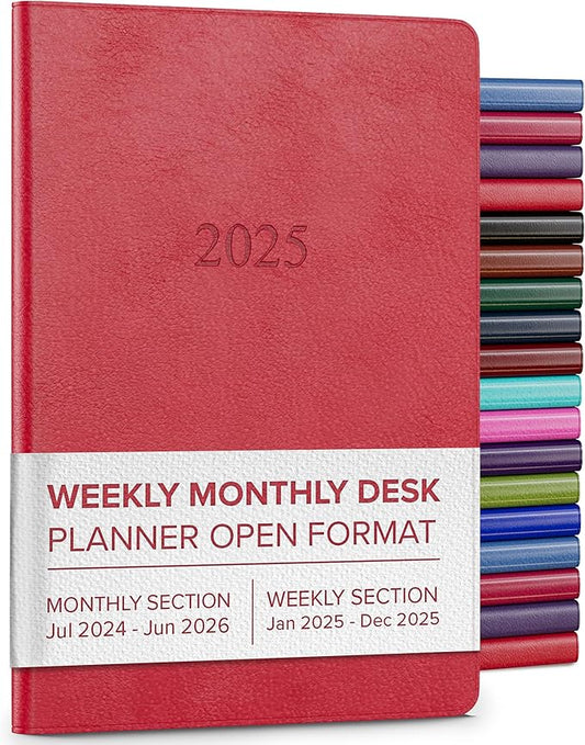 Gallery Leather Desk Weekly Monthly Planner 2025, Elegantly Bound Calendar Planner and Notebook with Stylish Gold-Gilded Page Edges, 12 Months - Caribbean Red - 8 x 5.5 "