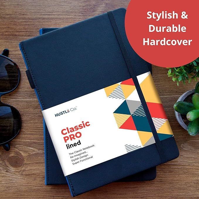 HUSTLE Co. Thick Hardcover Journal Notebook - Ruled/Lined A5 (5x8 inch), Deluxe 120gsm Paper, Lays Flat for Writing, Professional Notebooks for Work, Business, Office, Executive - Men & Women - Black