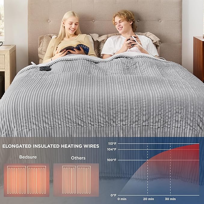 Bedsure GentleSoft Electric Blanket Queen Size - Soft Ribbed Flannel Heated Blanket with Dual Control, Heating with 10 Heat Settings & 10 Time Settings, 8 hrs Timer Auto Shut Off (84"x90", Light Grey)