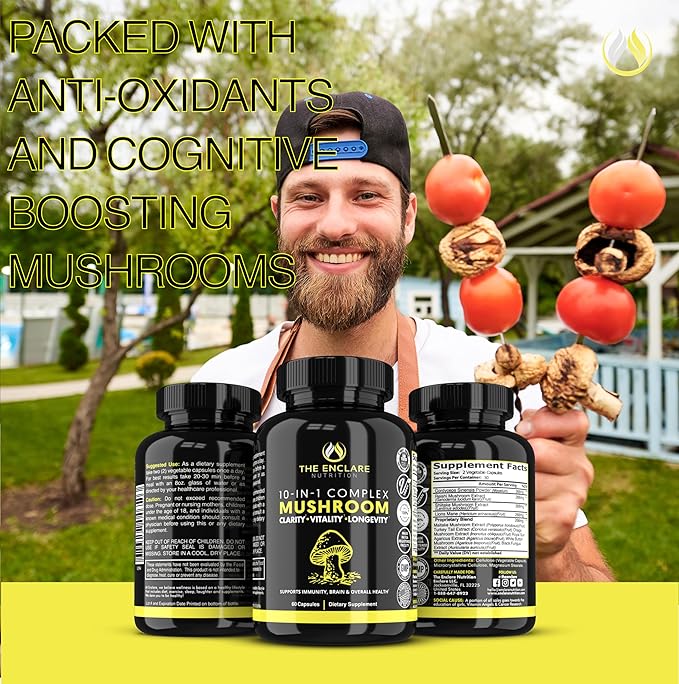 THE ENCLARE NUTRITION Mushroom Supplement 10in1 Complex Immune Support Lions Mane, Reishi, Turkey Tail, Cordyceps, Chaga, Maitake, Shiitake, Agaricus: Nootropic Brain, Energy Booster (1)