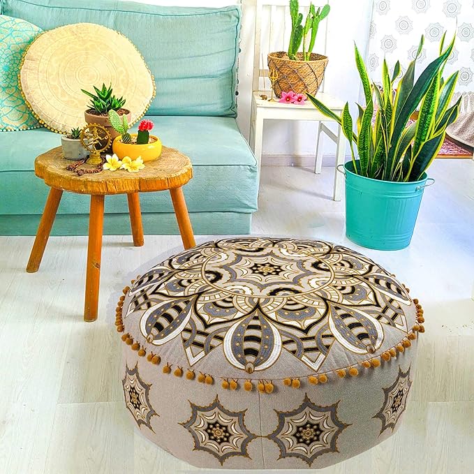 Mandala Life ART Moroccan Floor Pillow Cover Blue Gold Bohemian Décor Pouf Ottoman Latge Round Yoga Floor Cushion Luxury Kids Room Décor Boho Living Room Moroccan Floor Pillow Cotton 24x8 Unstuffed
