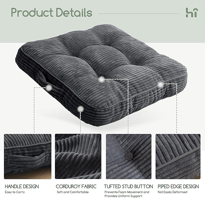 Washable Floor Pillow Cushion for Adults, Meditation Cushion Pillow, Large Square Floor Sitting, Removable Tufted Corduroy Cover, for Tatami Living Room or Yoga, 22x22 Inch, 2Pack, Machine Washable