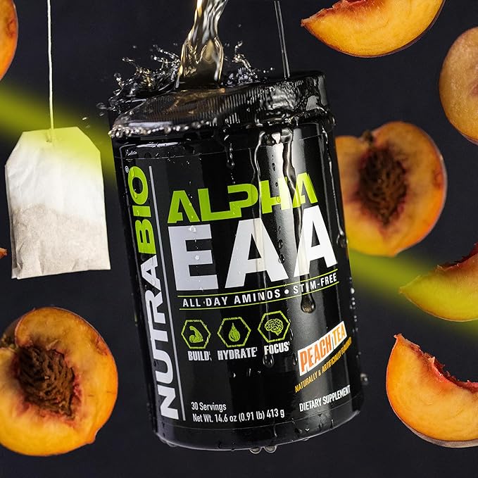 NutraBio Alpha EAA - All-Day Amino Acids for Muscle Growth and Hydration - Essential Amino Acids with Nootropics & Adaptogens- Full Spectrum EAA BCAA Powder - 30 Servings - Peach Tea