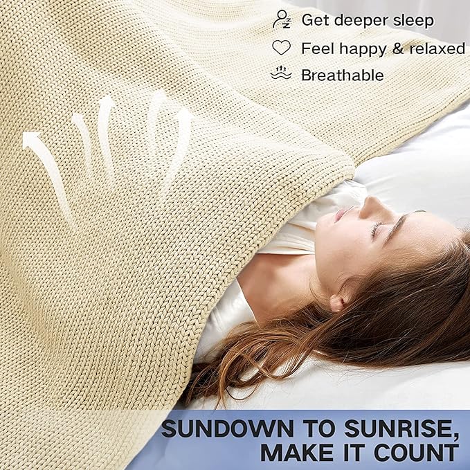 Guohaoi Knitted Weighted Blanket for Adults (Cream 50"x75" 12lbs) No Beads Cooling Throw Blanket for Hot Sleepers, Home Decor Breathable Chunky Knit Heavy Blanket Use on Full Size Bed
