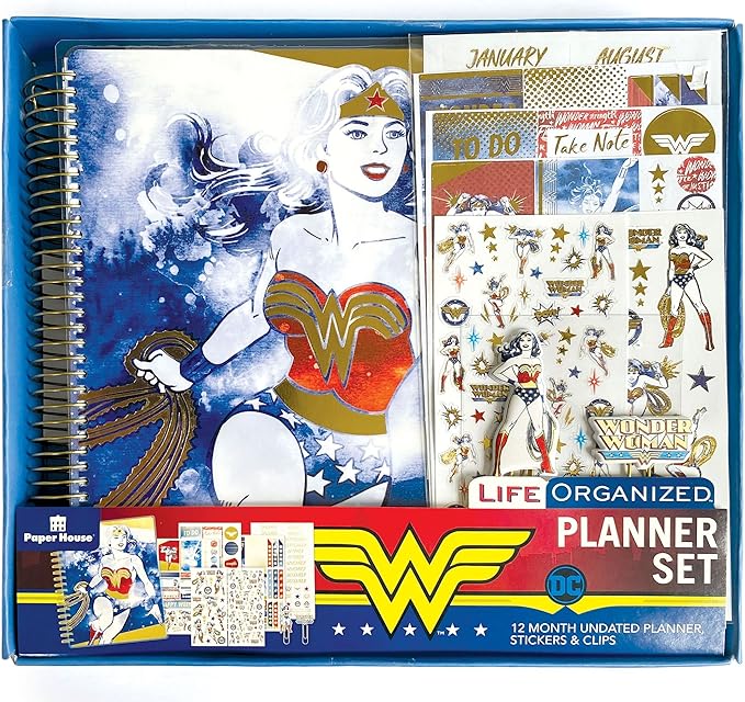 Paper House Productions DC Comics Wonder Woman 12 Month Undated Planner Set with Month and Event Flag Stickers and More!