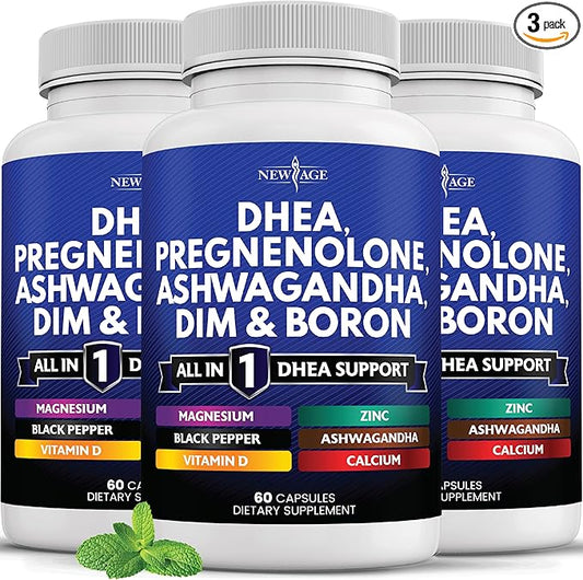 NEW AGE DHEA Supplement - Pregnenolone for Men & Women with DIM, Ashwagandha, Boron, Calcium, Magnesium, Zinc, Vitamin D3 5000iu - Support Capsules - 180 Count