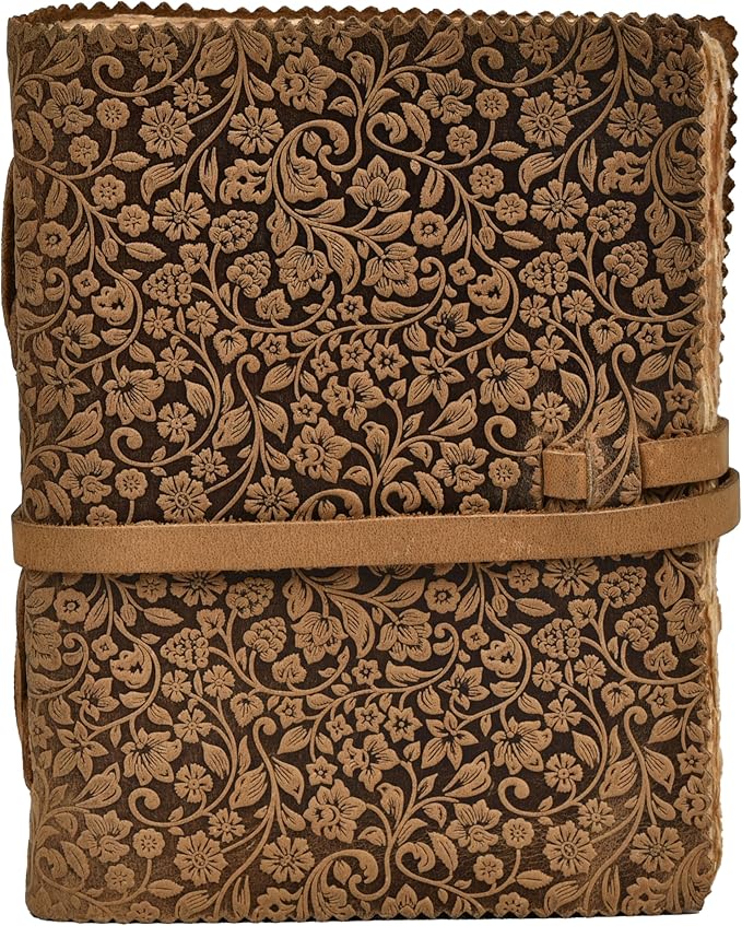 LEATHER VILLAGE Leather Bound Floral Embossed Journal for Women Men - 200 Pages, 10X7 Inches, Cappuccino Brown - Book of Shadows, Vintage Blank Paper Travel Diary, Notebook for Writing, Sketchbook