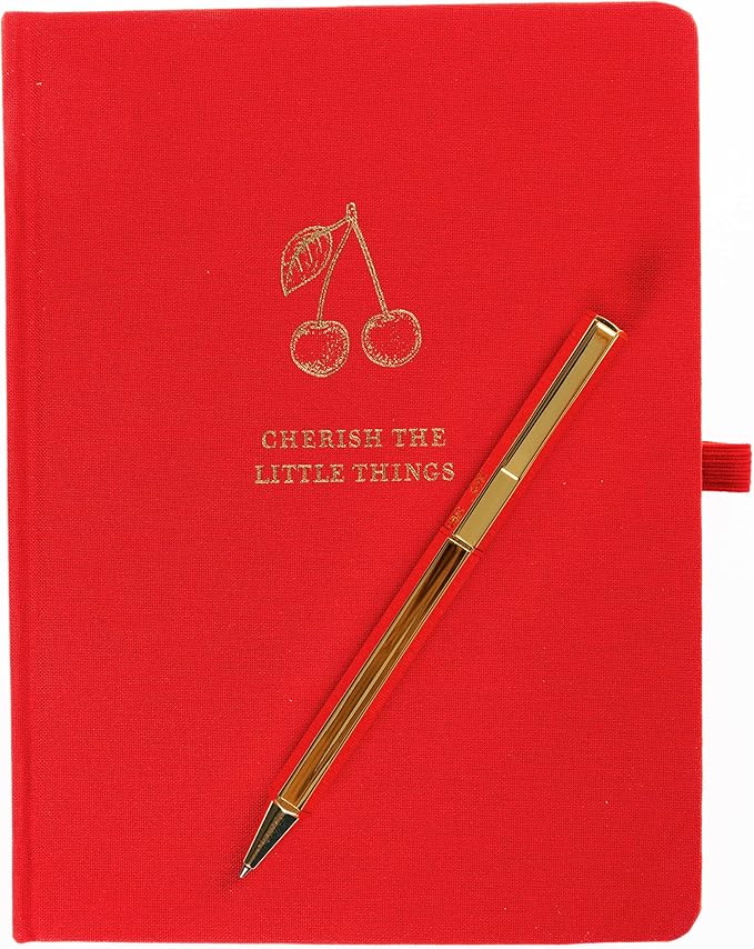 Graphique Cherry Lined Journal Plus Pen Luxe Collection, Hardcover Diary Notebook for Writing, Gold Foil Embossing, 160 Pages, 6” x 8”
