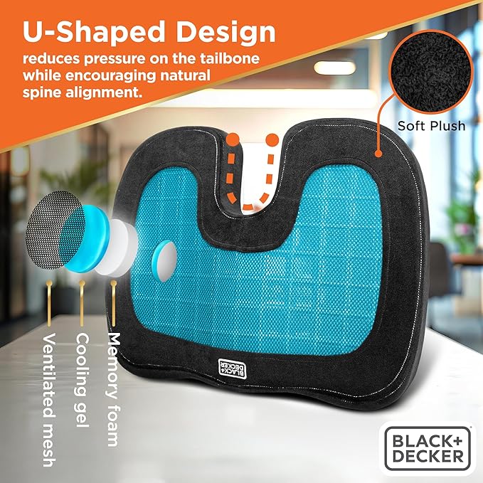 BLACK+DECKER Gel Seat Cushion – Gaming Chair & Office Chair Cushion with Cooling Memory Foam for Sciatica Pain Relief – Ergonomic Car, Desk, Airplane Travel Pillow, Washable Cover, Non-Slip