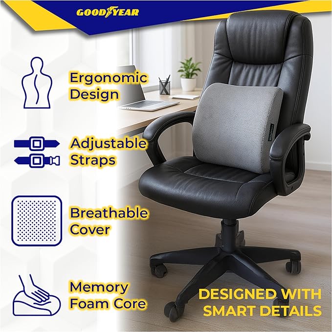Goodyear Ergonomic Lumbar Support Pillow for Office Chair and Car Seat - Gel-Infused Back Support Lumbar Pillow, Premium Cushion Chair Support for Lower Back Pain Relief and Versatile Use - Grey