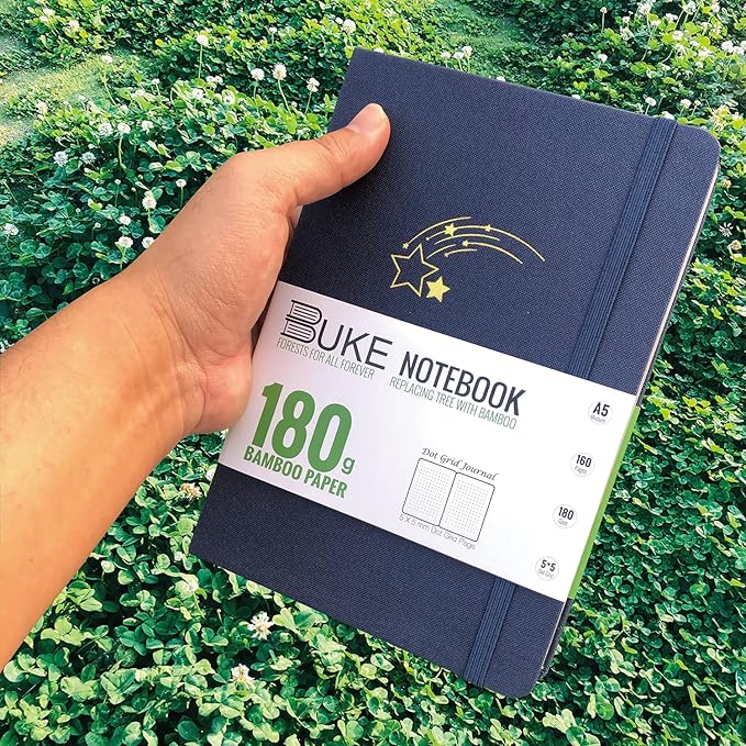 Dot Grid Notebook Dotted Journal,180Gsm Bamboo White Paper, 5 * 5MM Dots 160 Pages,Colored Silver Edges, Bookmarks and Expandable Back Pocket,Shooting Stars