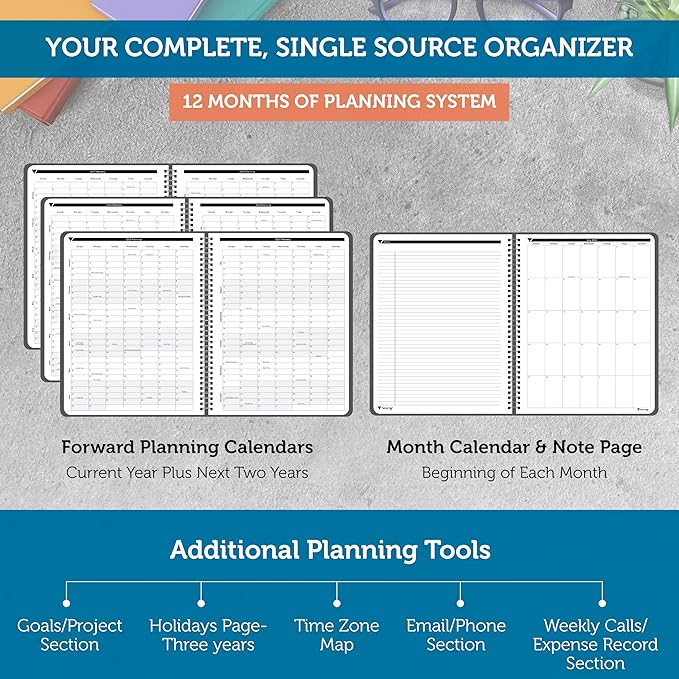 Planner Pad Spiral Bound 3-Tier Funnel Down 12 Month Organizer, July 2025 – June 2026 / Academic Year, Black Cover/Black Ink, 6 3/4" x 8 1/2"