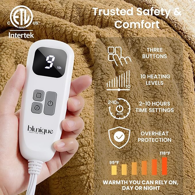 Electric Heated Blanket Full Size 72x84 inches, Fast Heating w/ 10 Heat Settings & 2/4/8/10H Auto Timer, Double-Sided Sherpa, Ultra Soft & Cozy for Couch, Bed, Office, Machine Washable, ETL Certified