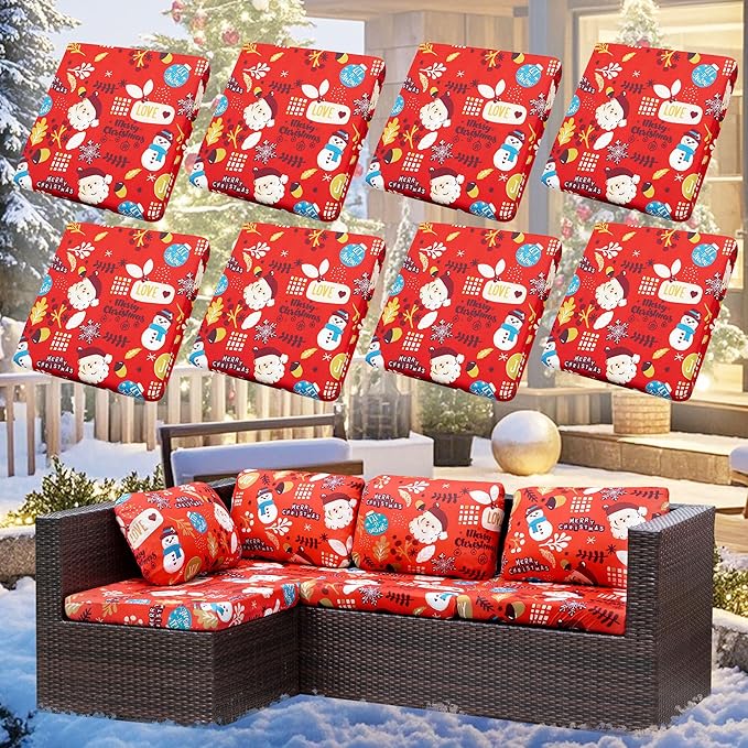 8Pcs Stretch Christmas Patio Cushion Covers Santa Claus Outdoor Cushion Covers,for Christmas Party Replacement,Outdoor Chair Covers Patio Slipcovers Couch Cover,Cover Only