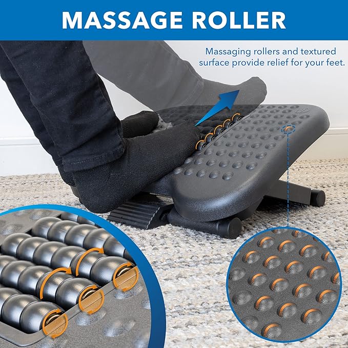Mount-It! Ergonomic Under Desk Footrest | Massaging Foot Support for Foot Comfort | Office Tilting Footrest with 3-Level Height Adjustment Against Swelling