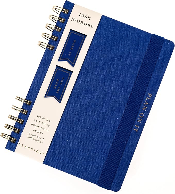 Daily Task Journal by Graphique Luxe Collection, Fabric-Wrapped Hardcover Spiral Notebook for Planning & Writing, Priority List Planner with Magnetic Bookmarks & Gold Foil Embossing,192 Pages, 6” x 8”, Colbalt Blue