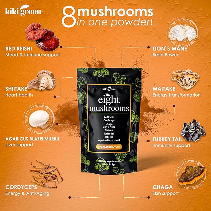 KIKI Green 8 Mushrooms Powder Extract - 4 oz Adaptogenic Complex for Coffee and Smoothies - Lion's Mane, Chaga, Reishi, Cordyceps, Maitake, Shiitake - Focus and Energy