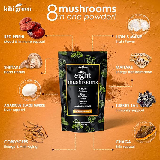 KIKI Green 8 Mushrooms Powder Extract - 4 oz Adaptogenic Complex for Coffee and Smoothies - Lion's Mane, Chaga, Reishi, Cordyceps, Maitake, Shiitake - Focus and Energy