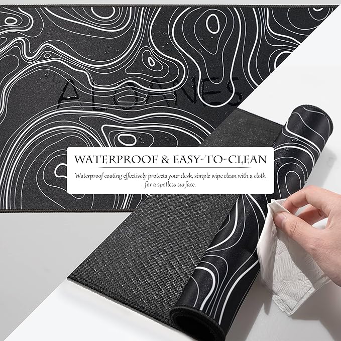 ALOANES Waterproof Mouse Pad with Durable Stitched Edge, XL Gaming Keyboard Pad, Non-Slip Rubber Base, Extended Desk pad for Gamer, Office & Home, Black Topographic Map Mousepad 31.5''x 11.8''x 0.12''