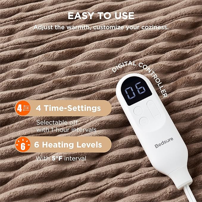 Bedsure GentleSoft Heated Blanket Throw - Soft Ribbed Flannel Electric Blanket, Heating with 4 Time Settings, 6 Heat Settings, and 3 hrs Timer Auto Shut Off, Gifts for Grandma (50x60 inches, Brown)