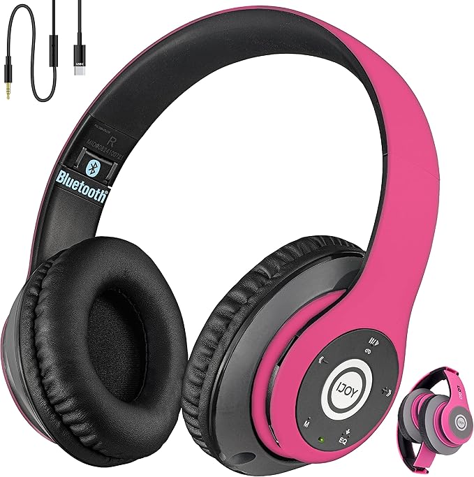 iJoy Bluetooth Headphones Over Ear, Wireless and Wired Foldable Headset Built-in Microphone, FM, Micro SD Card Slot - (Pink) Adults Kids Men Women
