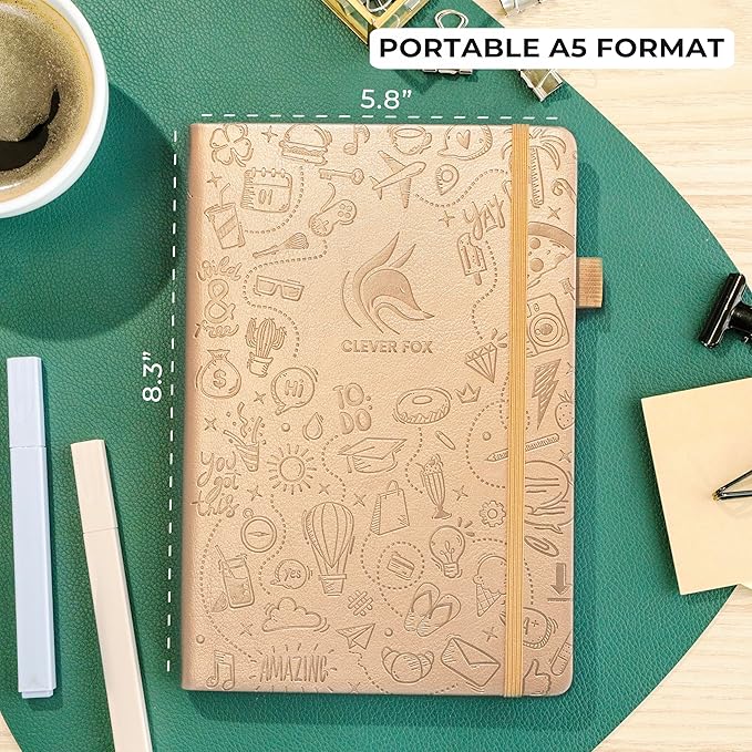 Clever Fox Dotted Journal 2.0 – Compact Planning and Sketching Dot Grid Notebook 120 GSM Thick, No-Bleed Paper – Planner with Pen Loop, Pocket, Ribbons, Stickers A5 - Pearl
