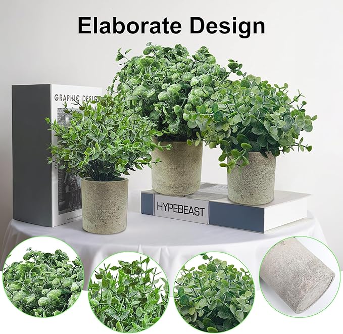 USLAI Small Potted Fake Plants(3-Pack), Mini Artificial Plastic Eucalyptus Plants Topiaries for Home Office Shelf Desk Farmhouse Room Coffee Table Decor