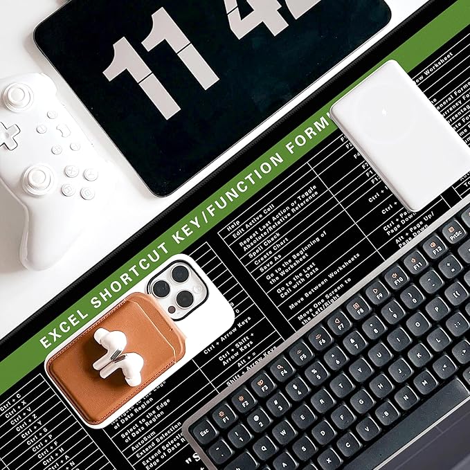 Excel Cheat Sheet Desk Pad, 31.5"x11.8", Waterproof Extra Large Excel Shortcut Mat with Stitched Edges, Anti-Slip Excel Mouse Pad for Office Desk, MS Excel/Word Shortcuts (Green Excel G)