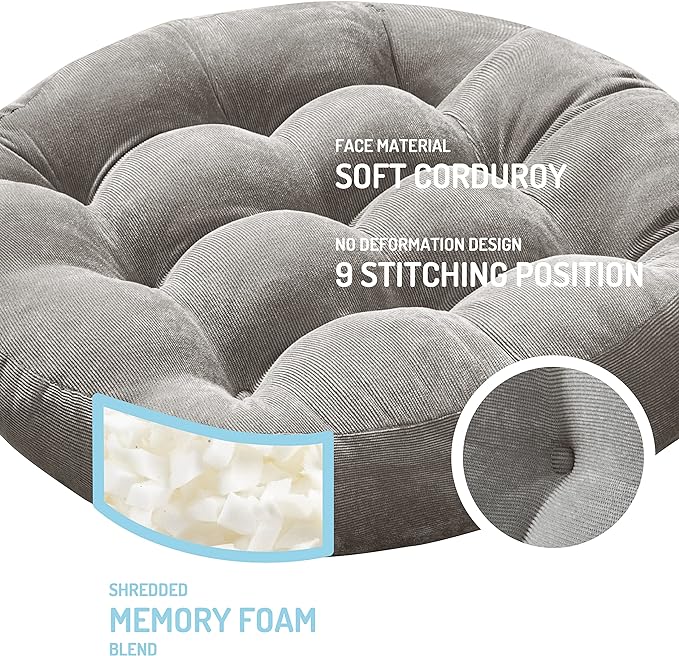 Degrees of Comfort Meditation Floor Pillow, Round Large Pillows Seating for Adults, Tufted Corduroy Cushion for Tatami Living Room, Grey, 22 Inch