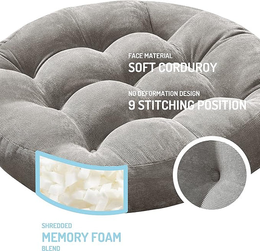 Degrees of Comfort Meditation Floor Pillow, Round Large Pillows Seating for Adults, Tufted Corduroy Cushion for Tatami Living Room, Grey, 22 Inch