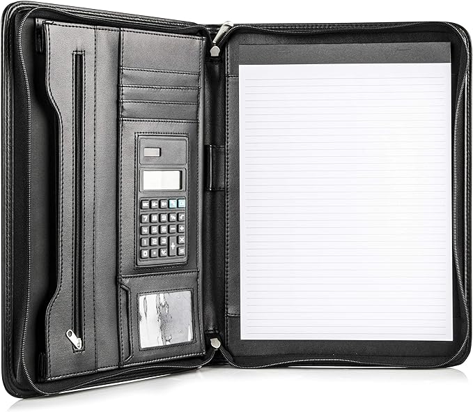 Cossini Black Superior Vegan Leather Business Portfolio with Zipper – Padfolio All-in-One. Smartest Protective 10.1 Inch Tablet Sleeve, Presentation Slot, Solar Calculator, Card Storage, Writing Pad