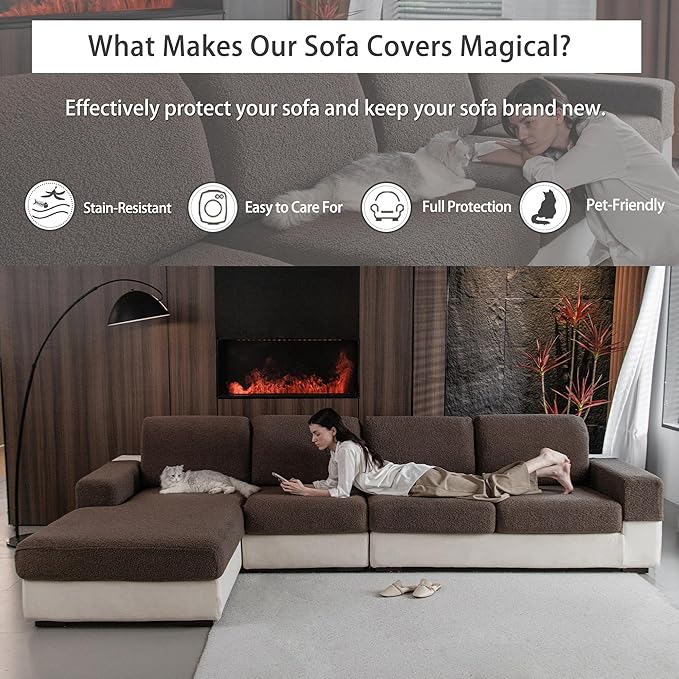 Couch Cushion Covers for Sectional Sofa, Stretch Soft Sofa Slipcovers Washable Wear-Resistant Universal Furniture Protector for Living Room(3 Seaters Covers, Brown)