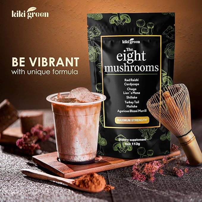 KIKI Green 8 Mushrooms Powder Extract - 4 oz Adaptogenic Complex for Coffee and Smoothies - Lion's Mane, Chaga, Reishi, Cordyceps, Maitake, Shiitake - Focus and Energy