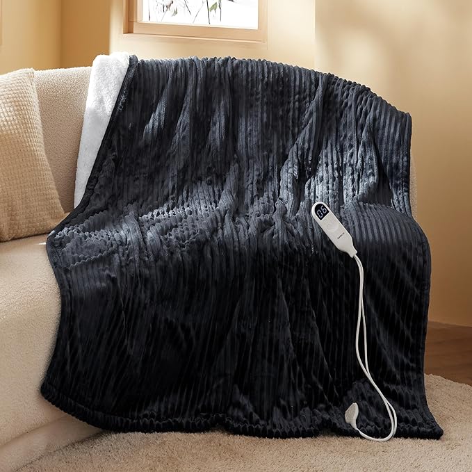 Bedsure GentleSoft Heated Blanket Throw - Soft Ribbed Flannel Electric Blanket, Heating with 4 Time Settings, 6 Heat Settings, and 3 hrs Timer Auto Shut Off, Gifts for Grandma (50x60 inches, Black)