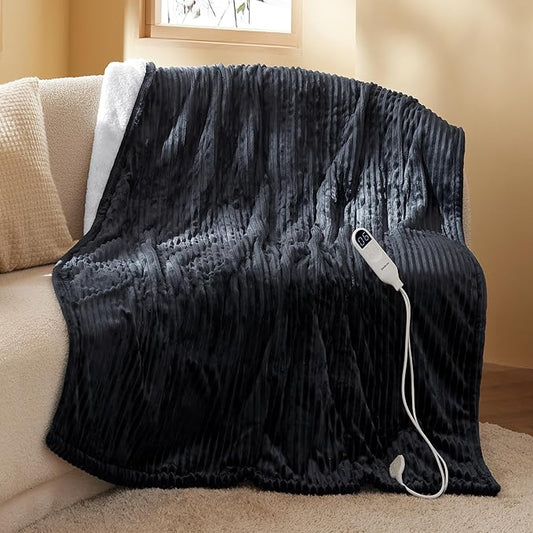 Bedsure GentleSoft Heated Blanket Throw - Soft Ribbed Flannel Electric Blanket, Heating with 4 Time Settings, 6 Heat Settings, and 3 hrs Timer Auto Shut Off, Gifts for Grandma (50x60 inches, Black)