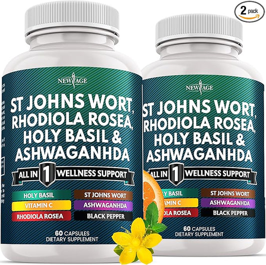 NEW AGE St Johns Wort, Rhodiola Rosea, Holy Basil, Ashwagandha - Support for Women and Men with Vitamin C & Black Pepper Extract - 120 Count