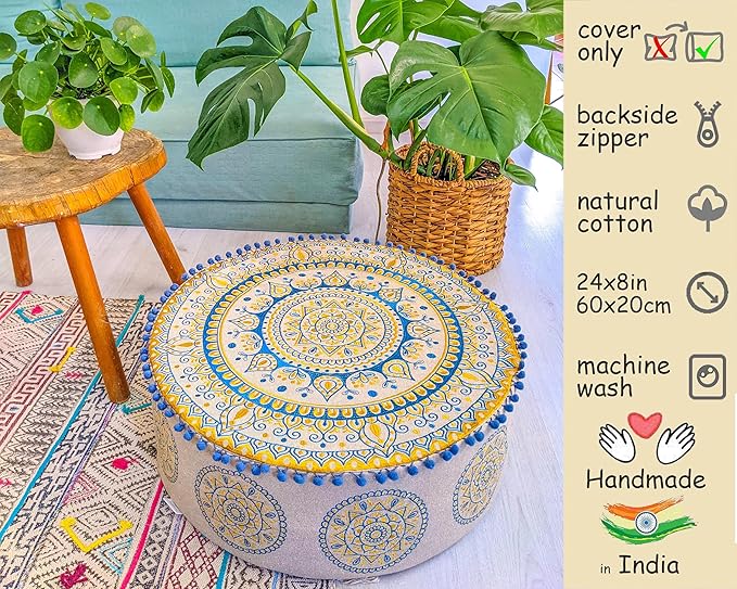 Boho Floor Pillow Cover Round Moroccan Large Pouf Ottoman Room Décor Cushion for Meditation Yoga and Boho Chic Bohemian Furniture Perfect for Living Room, Bedroom, Nursary or Children Room Unstuffed