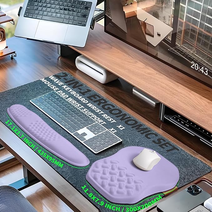 2-in-1 Ergonomic Set, Wave Keyboard Wrist Rest and Massage Slope Mouse Pad Wrist Support, Rebound Memory Foam for Relieve Carpal Tunnel Syndrome and Wrist Pain (Lavender Purple)