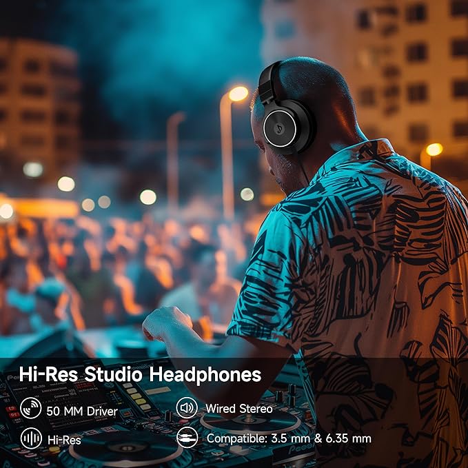 Wired Over Ear Headphones, Studio Monitor & Mixing DJ Headphones with 50mm Neodymium Drivers and 1/4 to 3.5mm Jack for Guitar AMP Podcast Piano Keyboard (Black)