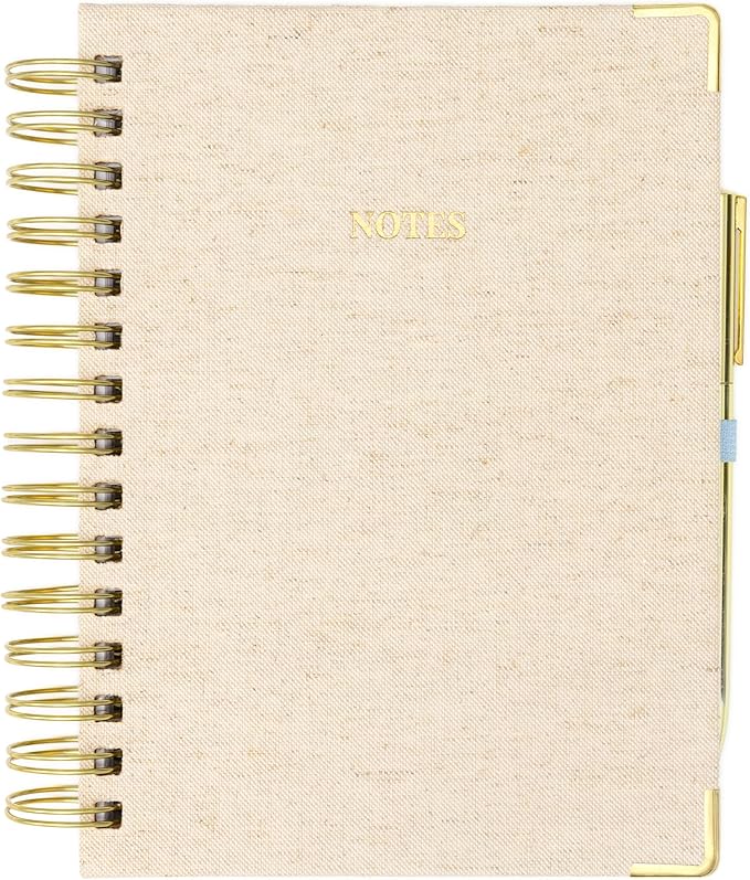 ELYN Lined Spiral Journal, Linen Hardcover Notebook with Matching Gold Gel Pen, 252 Pages, 8.2 in x 6.75 in - 100 GSM Premium Paper, Spiral Notebook for Home, Office, Notes & Gifts, (Linen)