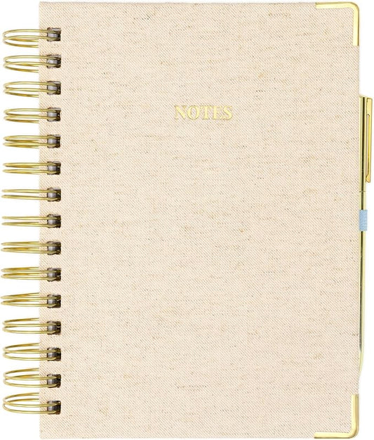 ELYN Lined Spiral Journal, Linen Hardcover Notebook with Matching Gold Gel Pen, 252 Pages, 8.2 in x 6.75 in - 100 GSM Premium Paper, Spiral Notebook for Home, Office, Notes & Gifts, (Linen)