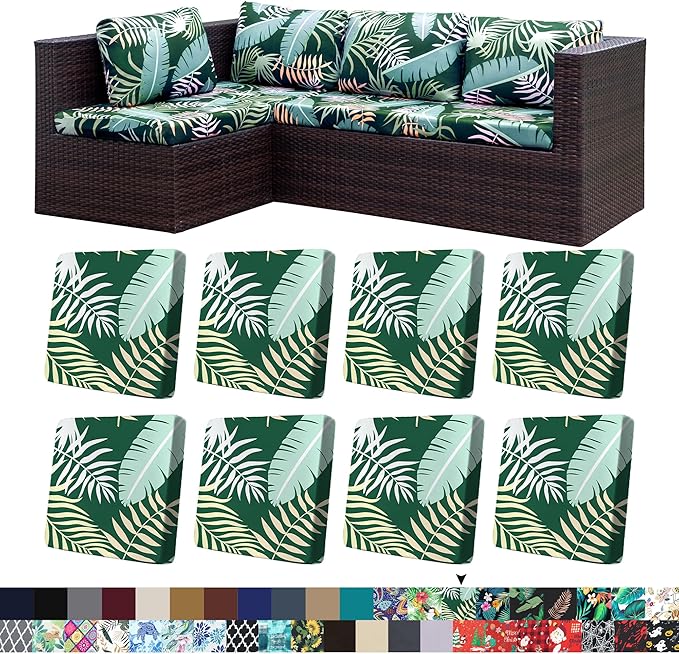 8Pcs Stretch Patio Cushion Covers,Outdoor Couch Covers Replacement,Outdoor Couch & Sofa Slipcovers,for Patio Furniture Cushion Covers,Washable Reusable Furniture Protector (Green Forest, Cover Only)