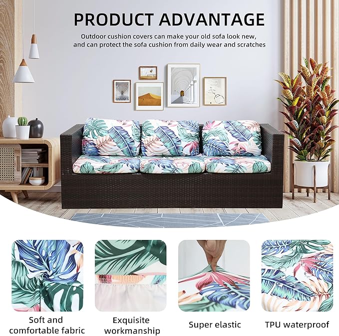 8Pcs Stretch Patio Cushion Covers Waterproof Outdoor Cushion Covers Patio Couch Cover Slipcovers, for Outdoor Furniture Protector Covers Replacement(Cover Only) (Tropical Flavor)