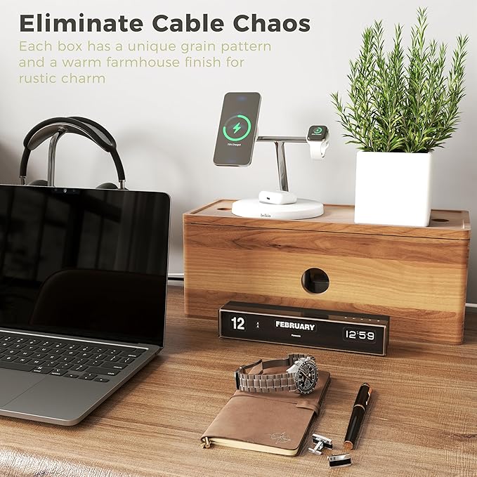 Large Cable Management Box, Acacia Wood Cord Organizer Box with Magnetic Removable Lid, 4 Open Slots Desk Organizer, Hides TV Cables, Computer Wires, USB Hub, Power Strip, and Phone Charger