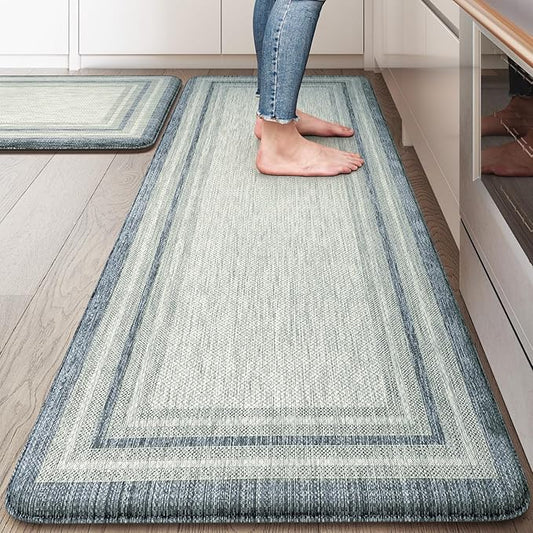 KIMODE Anti Fatigue Kitchen Mats 2PCS, Non-Slip Waterproof Kitchen Rugs, Cushioned Kitchen Mat for Floor, Comfort Standing Mat for Sink, Laundry, Office, Desk Blue and Grey 20"x47"+20"x32"