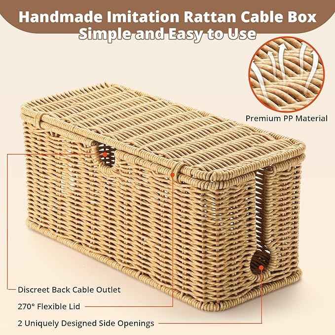 Handmade Cable Management Box Brown, Imitation Rattan Cord Organizer Cord Hider Box, Cable Organizer Box for Desk, Cord Management Box to Hide Cords and Power Strip L12.5'' W5'' H5.2''