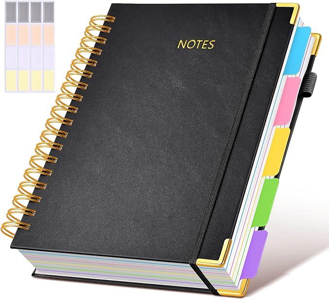 Hardcover Spiral Notebook journal with Removable Dividers Tabs, 300 Pages Leather 5 Subject Notebook College Ruled, 8"x10" Large B5 Notebooks for Work School Note taking, Lined Journal for Women,Black
